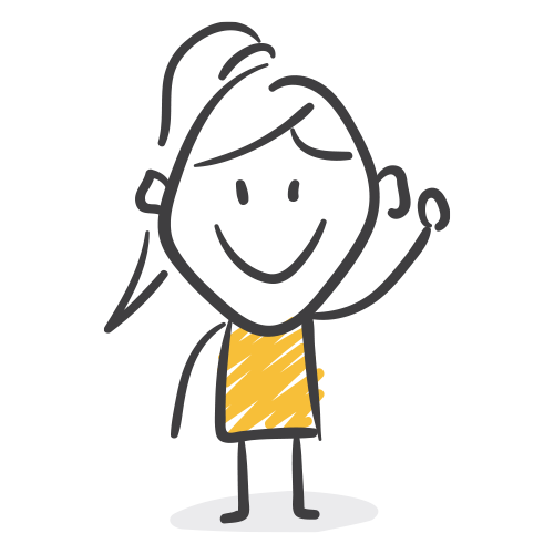 Strichmännchen mit gelbem Shirt, lächelt und hebt Hand, schwarzer Umriss, freundlicher Ausdruck.