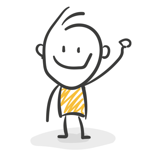 Strichmännchen mit fröhlichem Gesichtsausdruck, hebt eine Hand, trägt gelbes Shirt, schwarz-weiß.